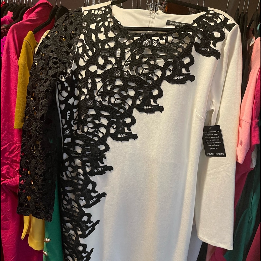 SOLD - Boston Proper Sz 10 Ivory Black Lace Dress NWT